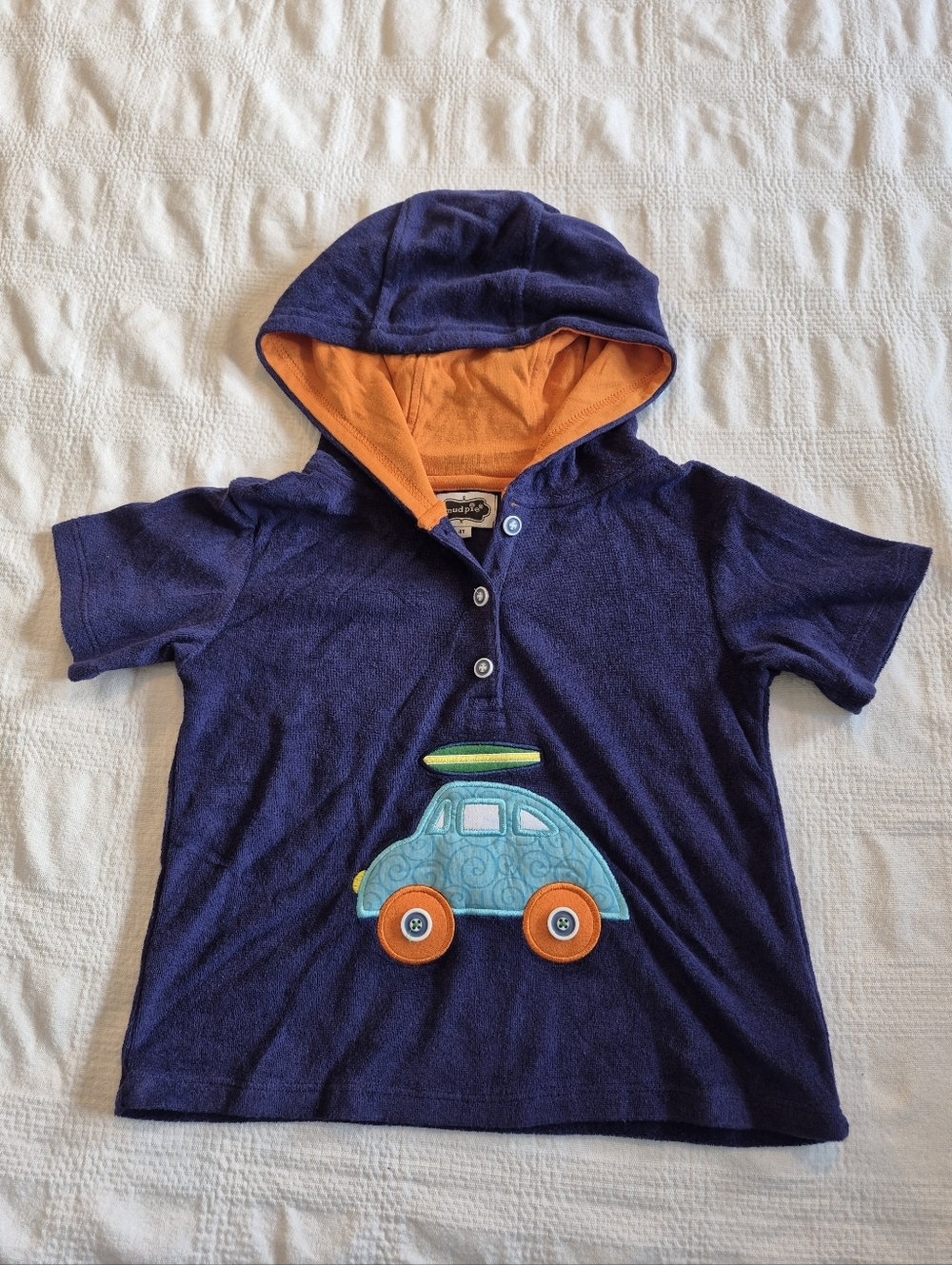 Mud Pie boys size 4T terry swim cover up navy blue car applique EUC